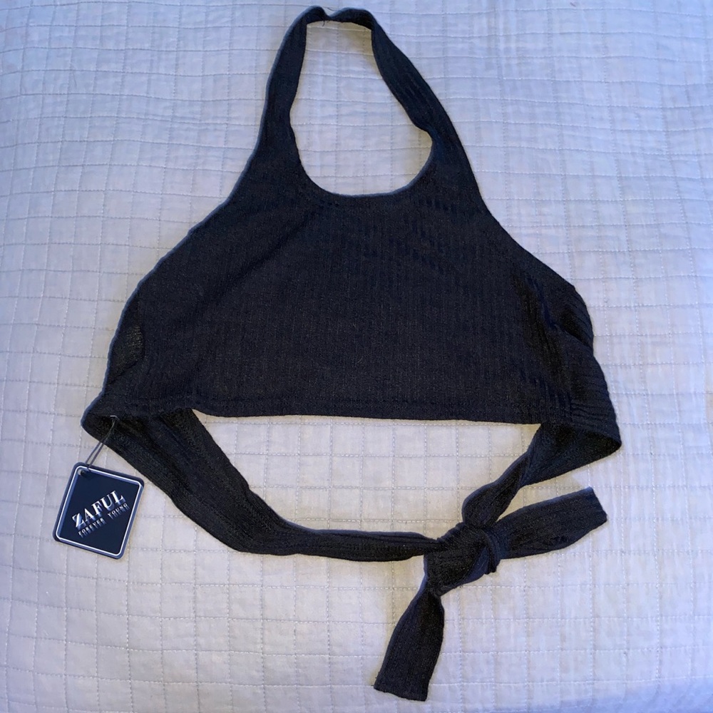 Black halter crop top with string ties
